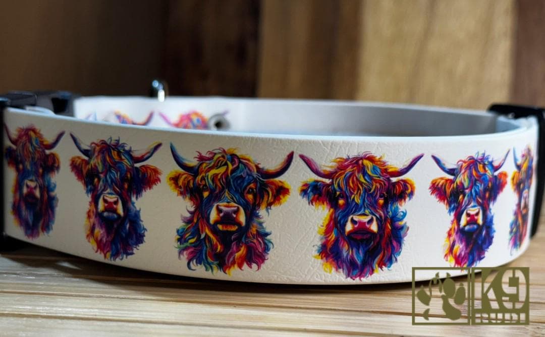 Biothane Dog Collar UV printed width 38 mm plastic buckle highland cow